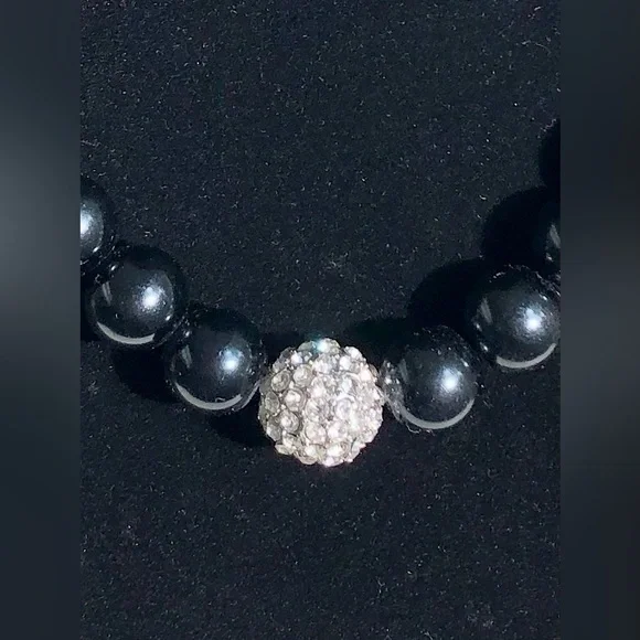 Classic Black Bead Necklace with Rhinestone Charm - Picture 2 of 7